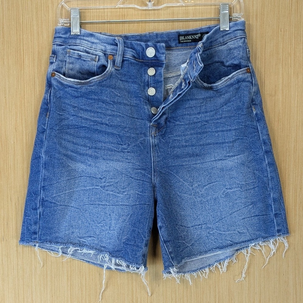 BLANKNYC The Warren High Rise Denim Shorts 30 Button Fly Raw Hem Blue Jean Denim